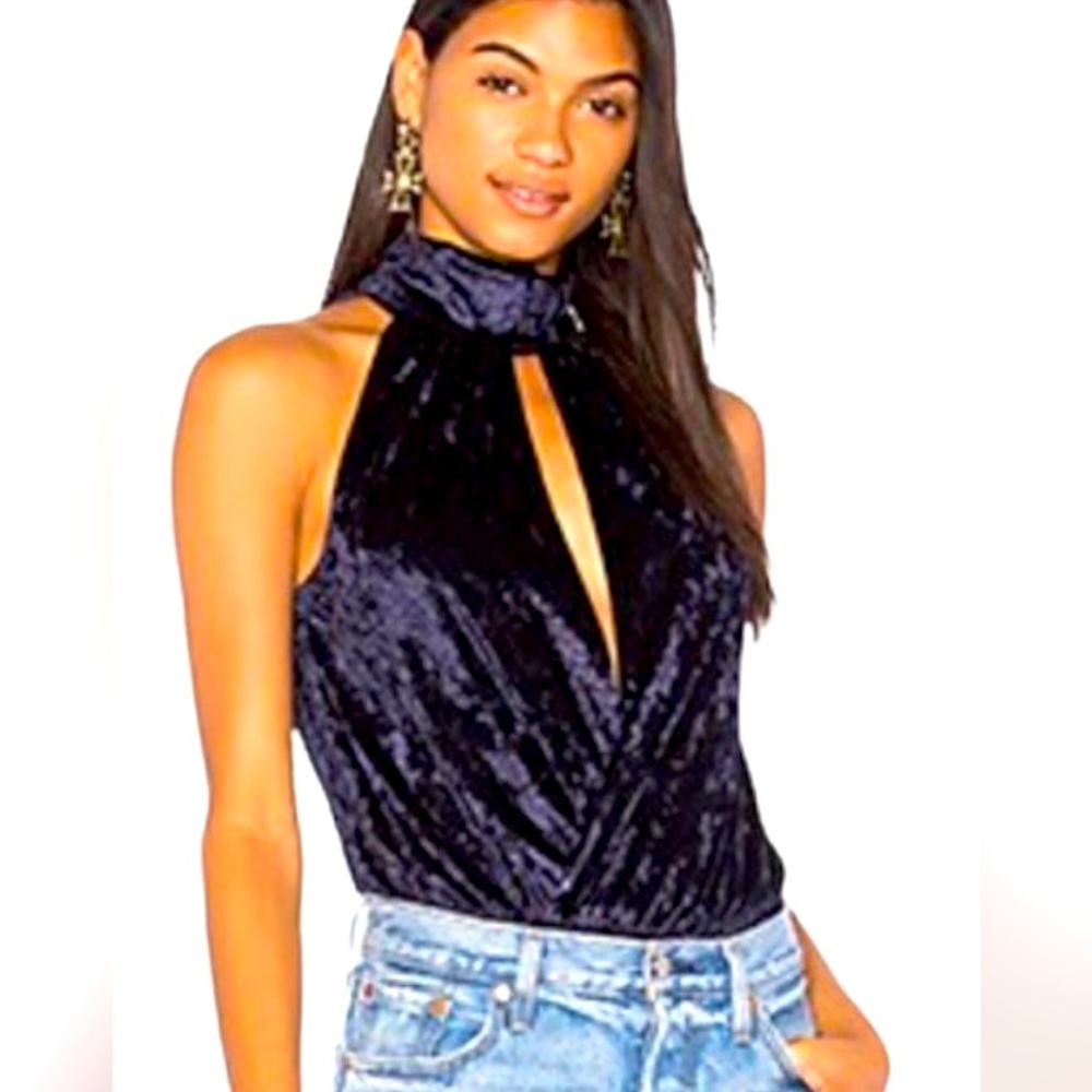 Central Park West X Revolve Bodysuit Mockneck Sleeveless Blue Velvet S NWT